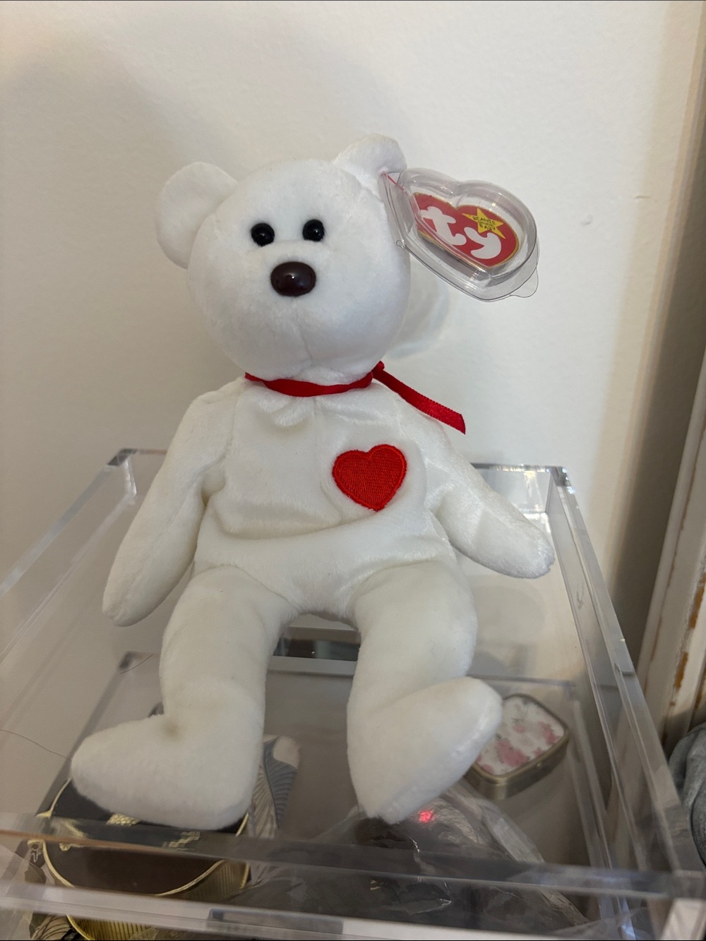 Ty White Plush Bear with Red Heart and Ribbon